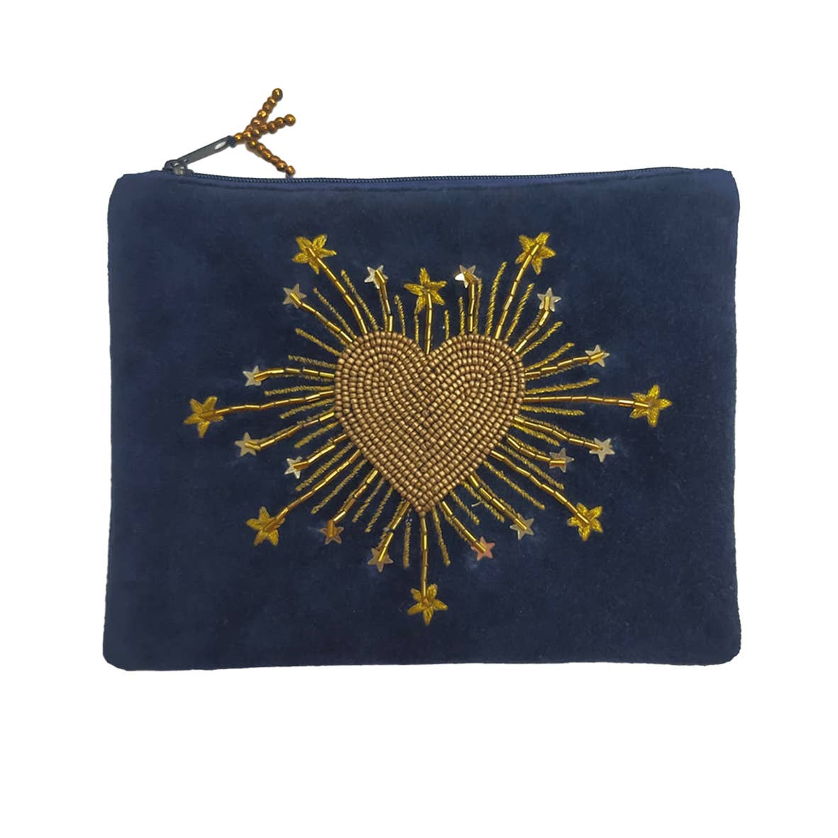 Grande pochette en velours brodée Cœur radieux, bleu nuit