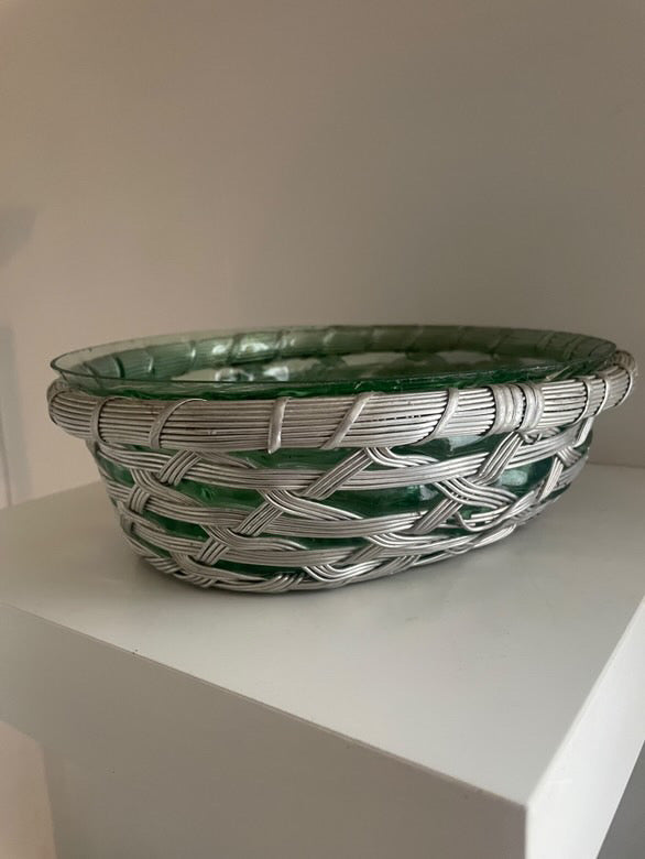 Corbeille à pain en métal et verre moulé vintage