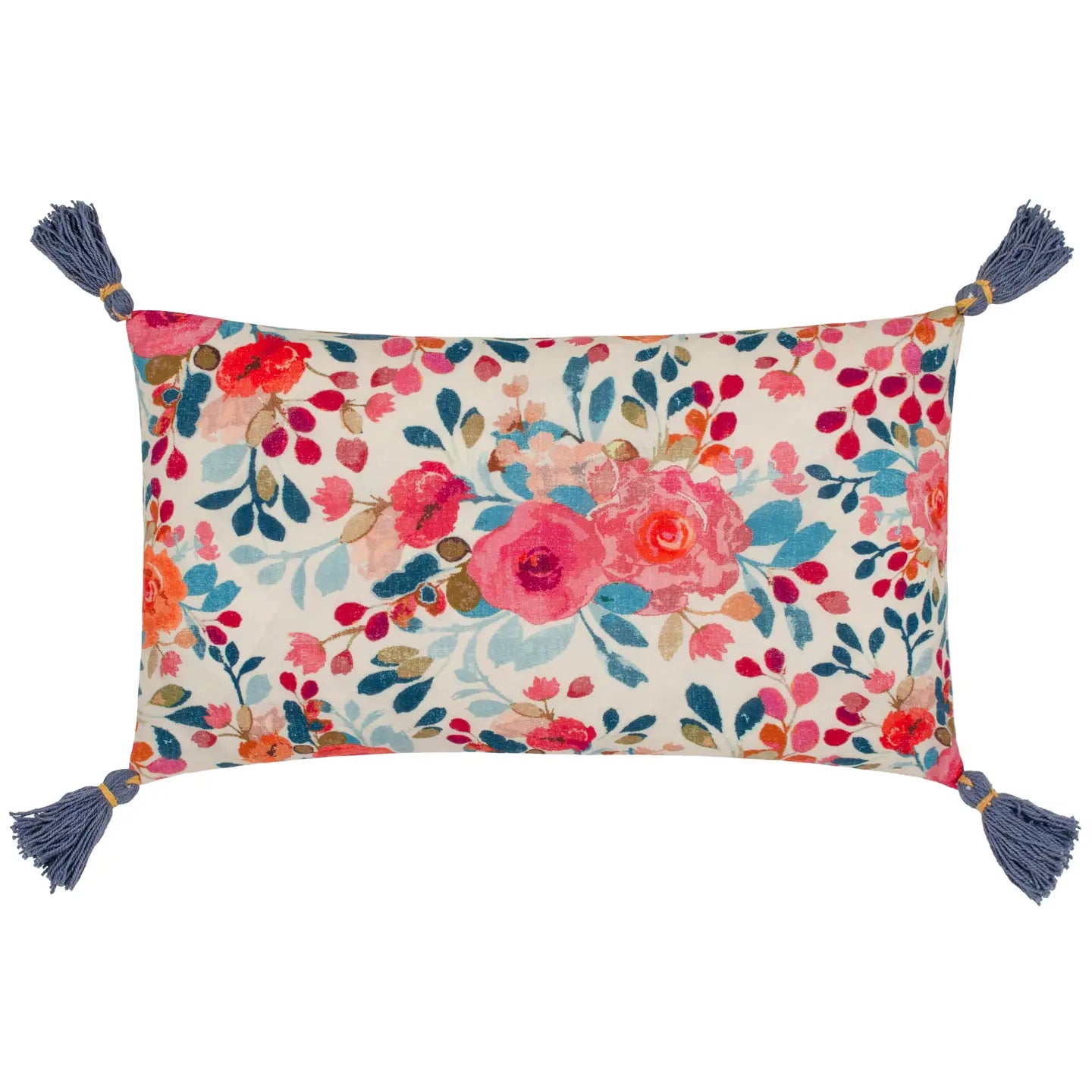Coussin floral à pompons Posies bleu/rose