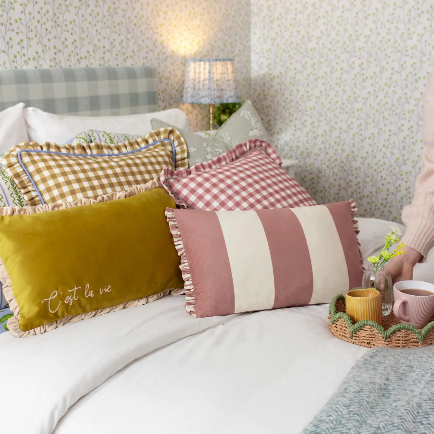 Coussin passepoil réversible Maude Gingham doré