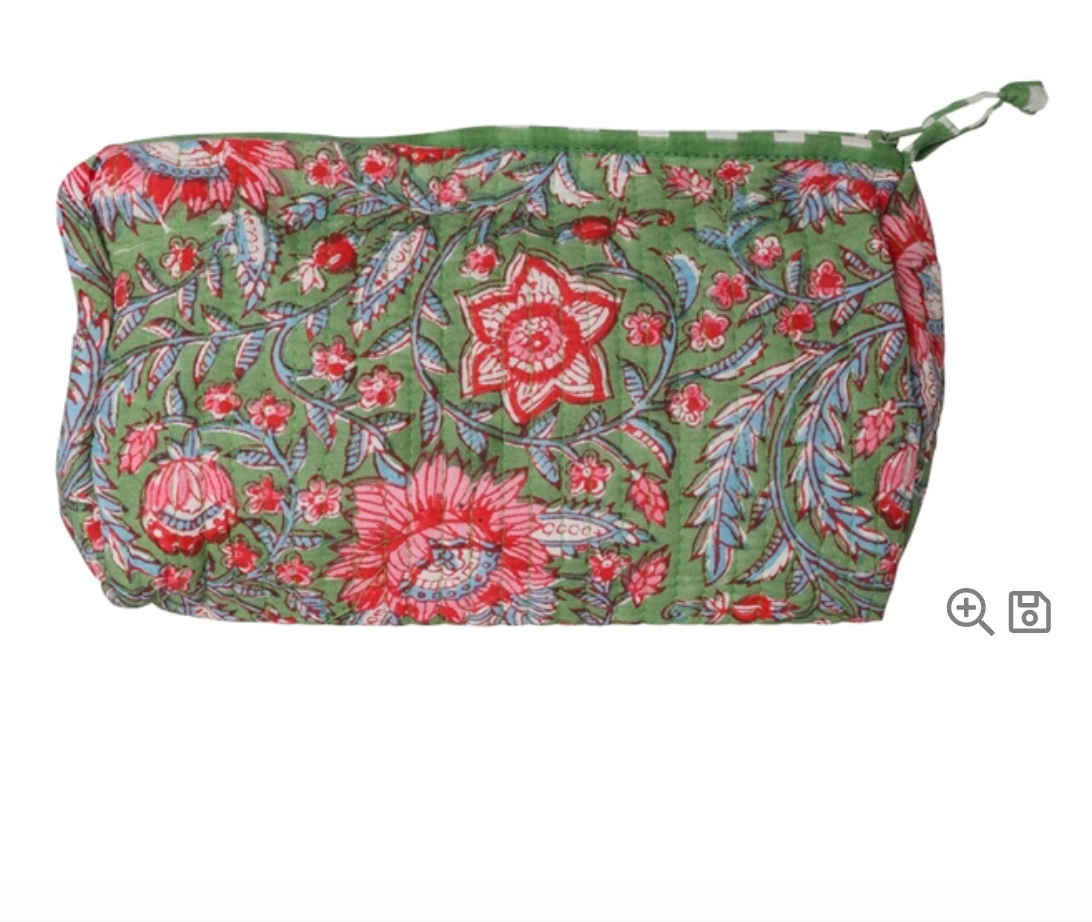 Trousse à maquillage fleurs - verte 12x20 cm