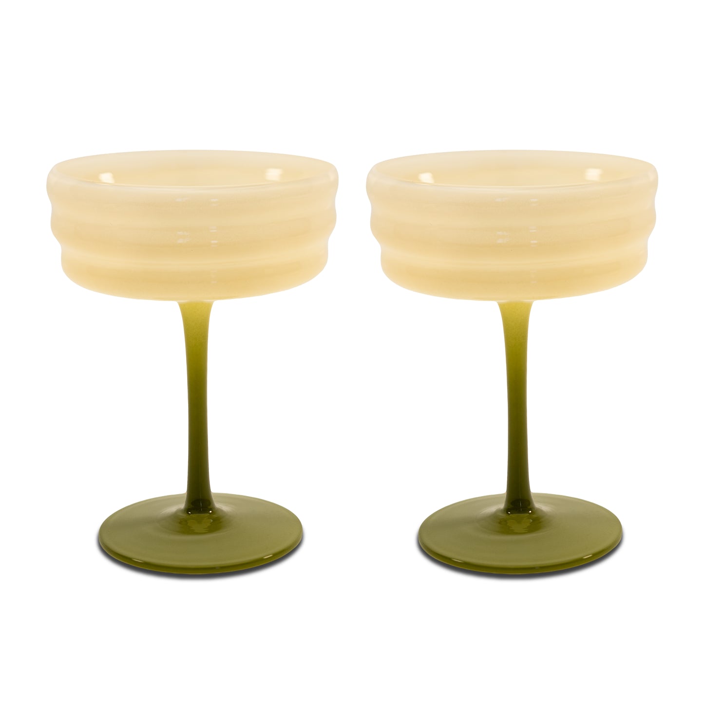 Set de 2 verres à champagne en verre. Blanc et vert.