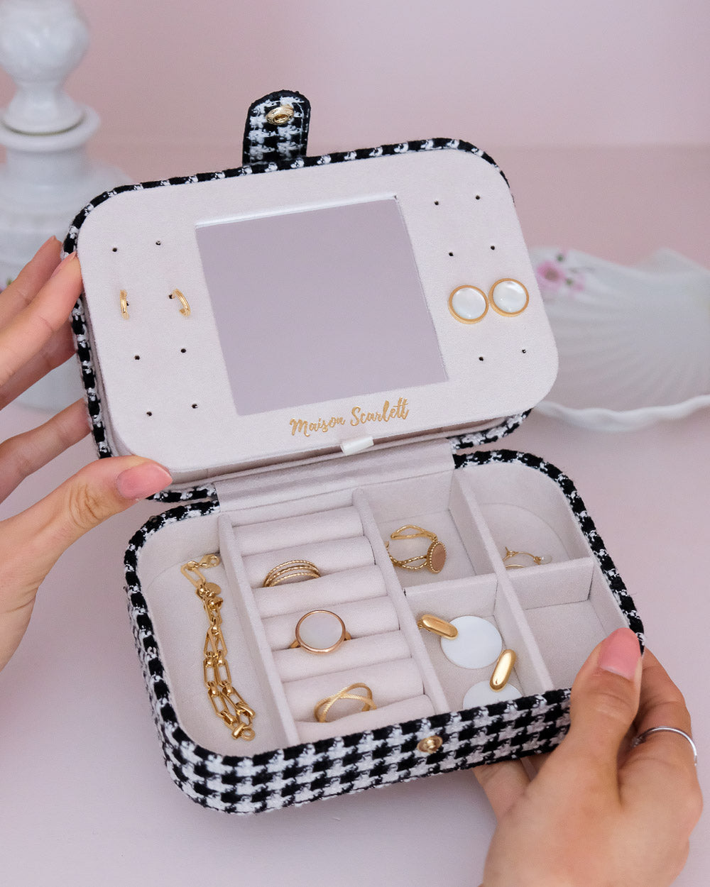 Boîte à bijoux de voyage Brigitte effet lin - pied de poule noir