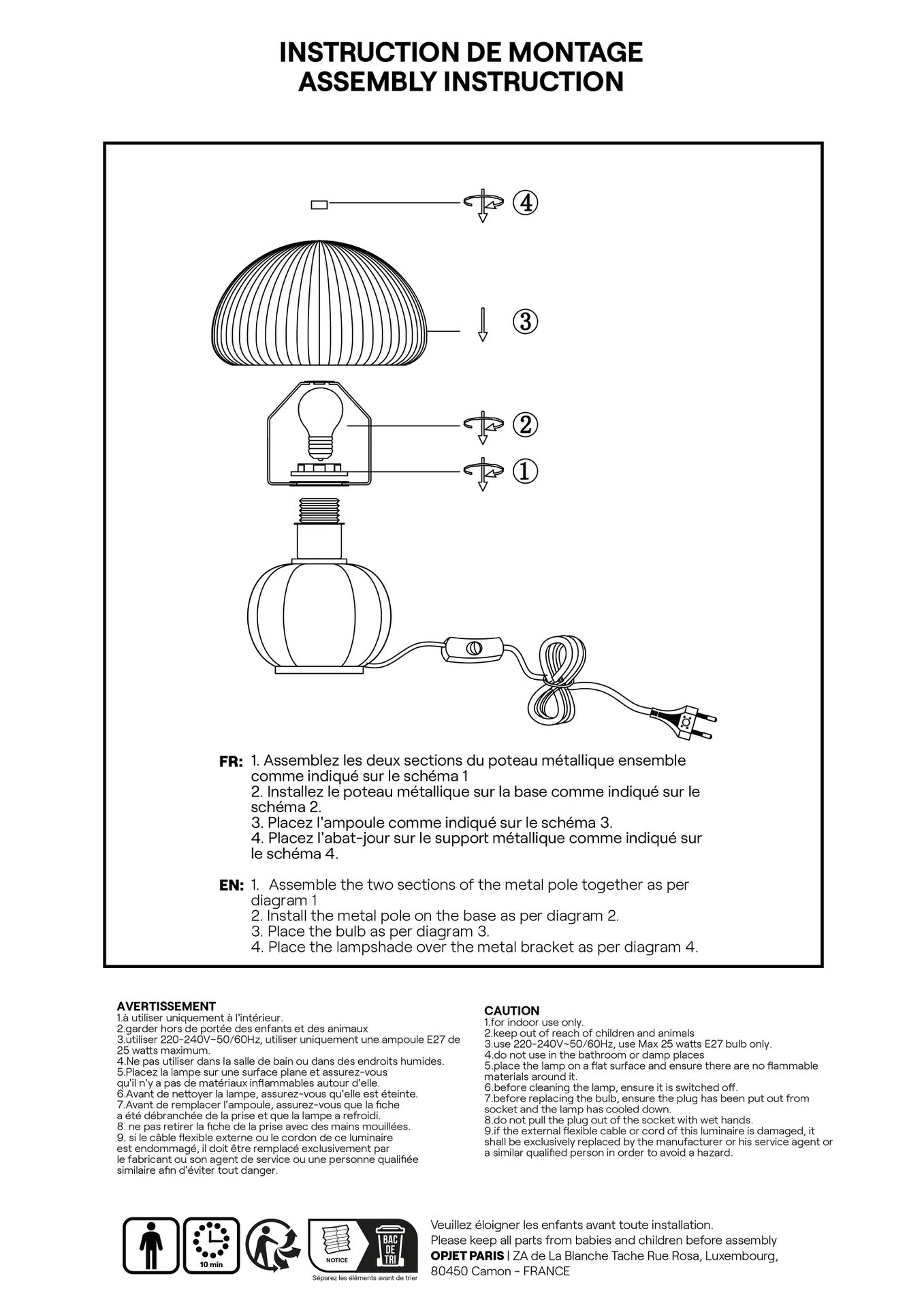 Lampe Madeleine rose D22 H25cm