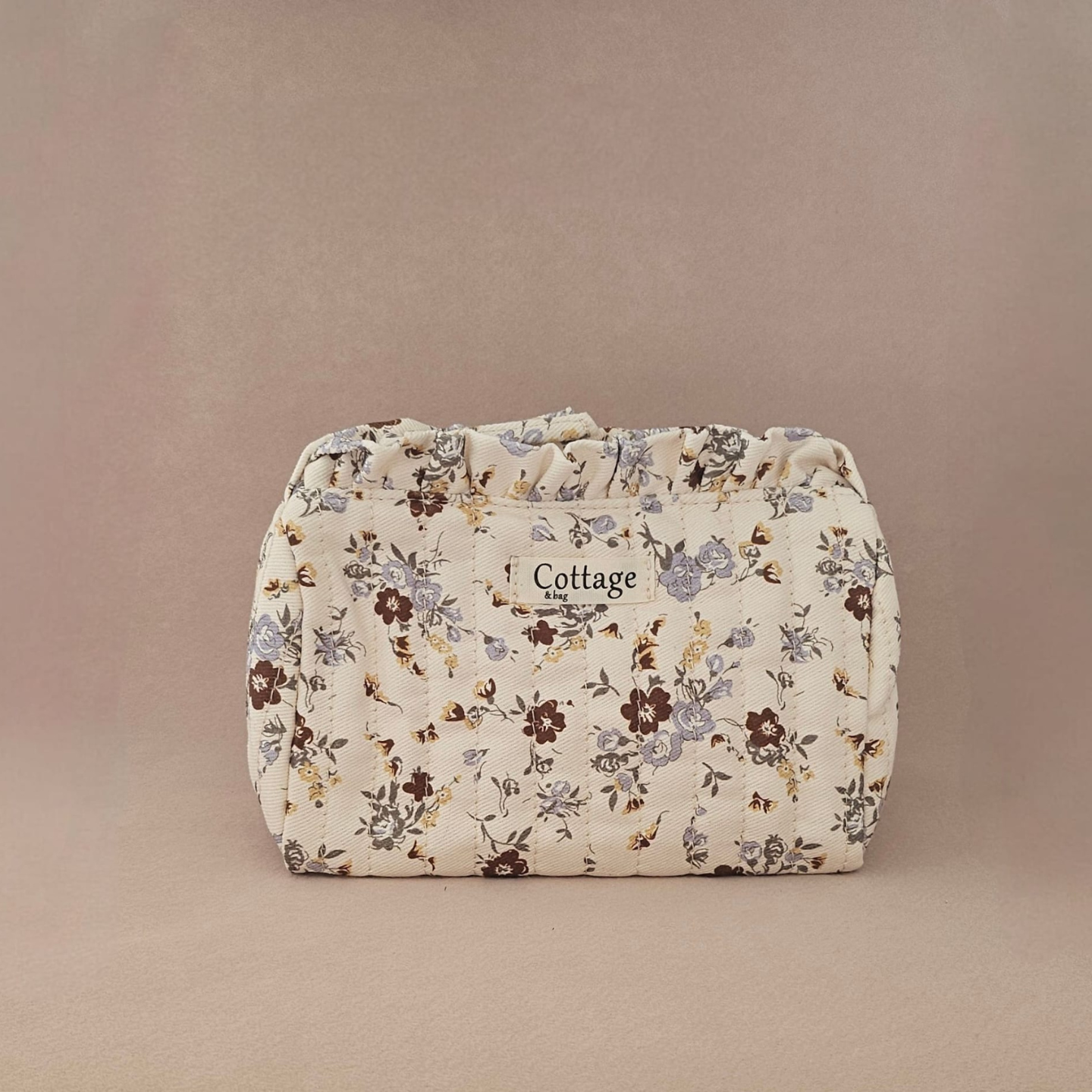 Trousse maquillage froufrou 100 % coton  : Fleur marron