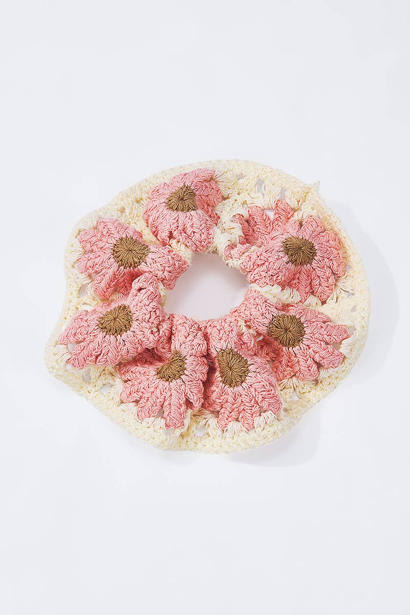 Chouchou élastique crochet fleurs 12cm  / 100% COTON