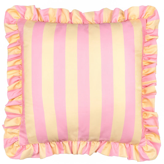 Coussin d'extérieur à volants Palm Royale à rayures rose/jaune: Rose/Jaune / Garni en polyester / 50 x 50 cm