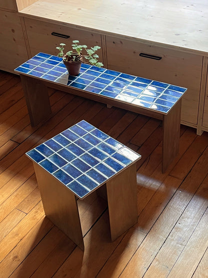 Banc AZUR en bois et carrelage bleu - Pièce Unique - 100x25x43,5 cm