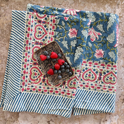 Nappe carré "Jardin romantique" coton imprimé blockprint 150x150cm