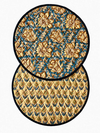 Sets de table ronds reversibles coton matelassé Block Print: Brun