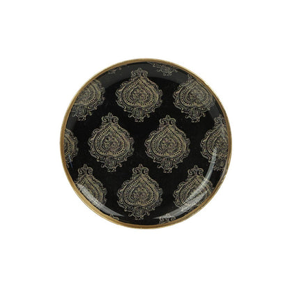 Petit plateau rond métal émaillé Arles noir, bord doré