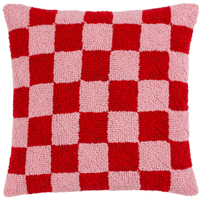 Coussin tricoté à damier rouge vif et rose vintage: Rouge ou rose mort / Garni en polyester / 45 x 45 cm