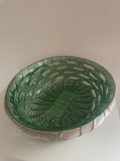 Corbeille à pain en métal et verre moulé vintage