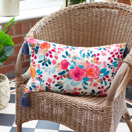 Coussin floral à pompons Posies bleu/rose