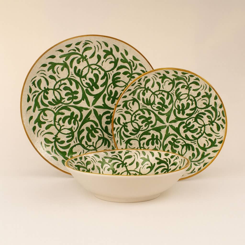 Assiette plate 27cm en grès décor vert HÉRACLÉE