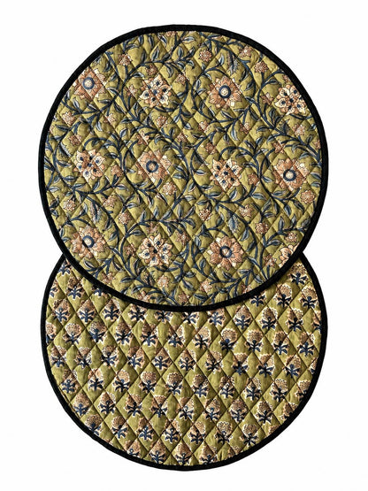 Sets de table ronds reversibles coton matelassé Block Print: Beige