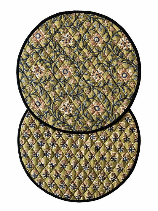 Sets de table ronds reversibles coton matelassé Block Print: Vert