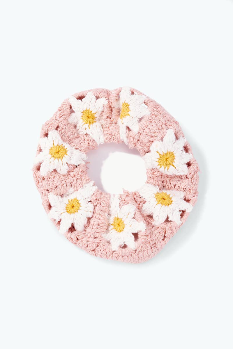 Chouchou élastique crochet fleurs 13cm Rose / 100% COTON