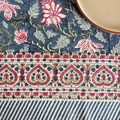 Nappe carré "Jardin romantique" coton imprimé blockprint 150x150cm