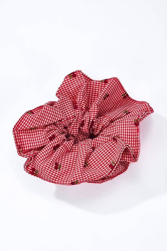 Chouchou vichy rouge motif cerises 12cm