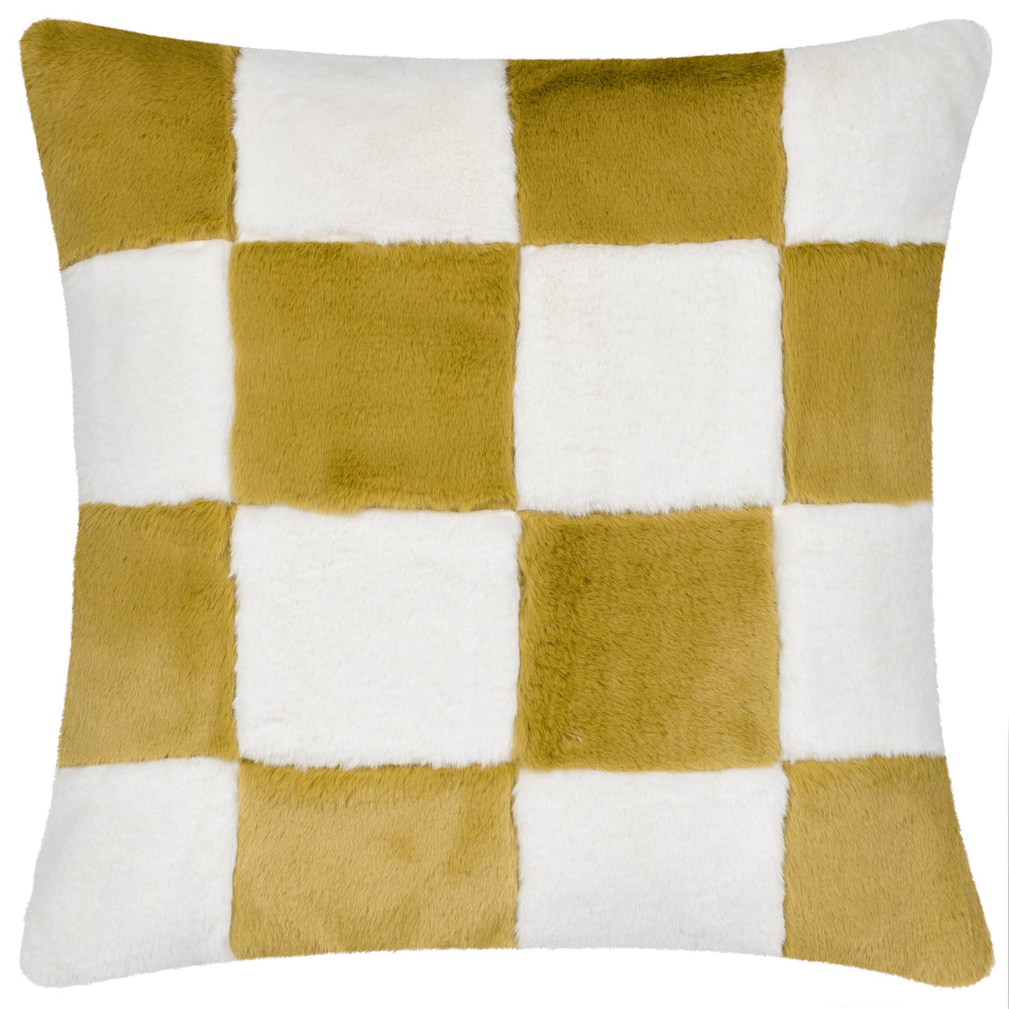 Coussin en fausse fourrure Cozee Check Olive: Olive / Garni en polyester / 50 x 50 cm