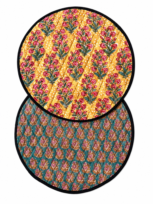 Sets de table ronds reversibles coton matelassé Block Print: Orange
