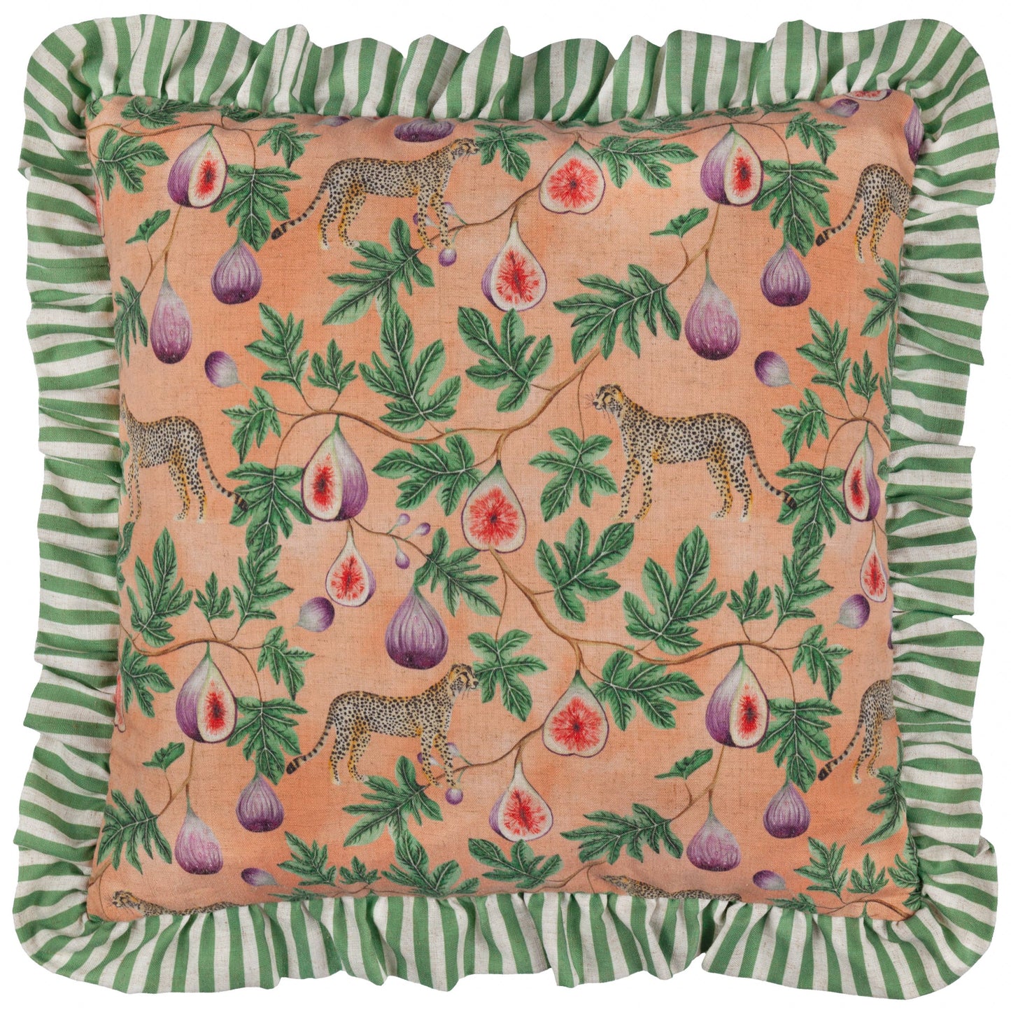 Coussin à volants imprimé léopard Okara et figue pêche/vert: Pèche/Vert / Garni en polyester / 50 x 50 cm