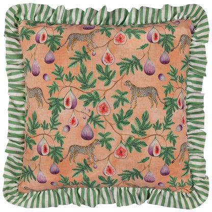 Coussin à volants imprimé léopard Okara et figue pêche/vert: Pèche/Vert / Garni en polyester / 50 x 50 cm
