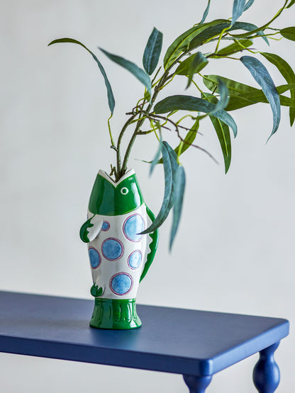 Vase Poisson vert, Multicolore, Grès
