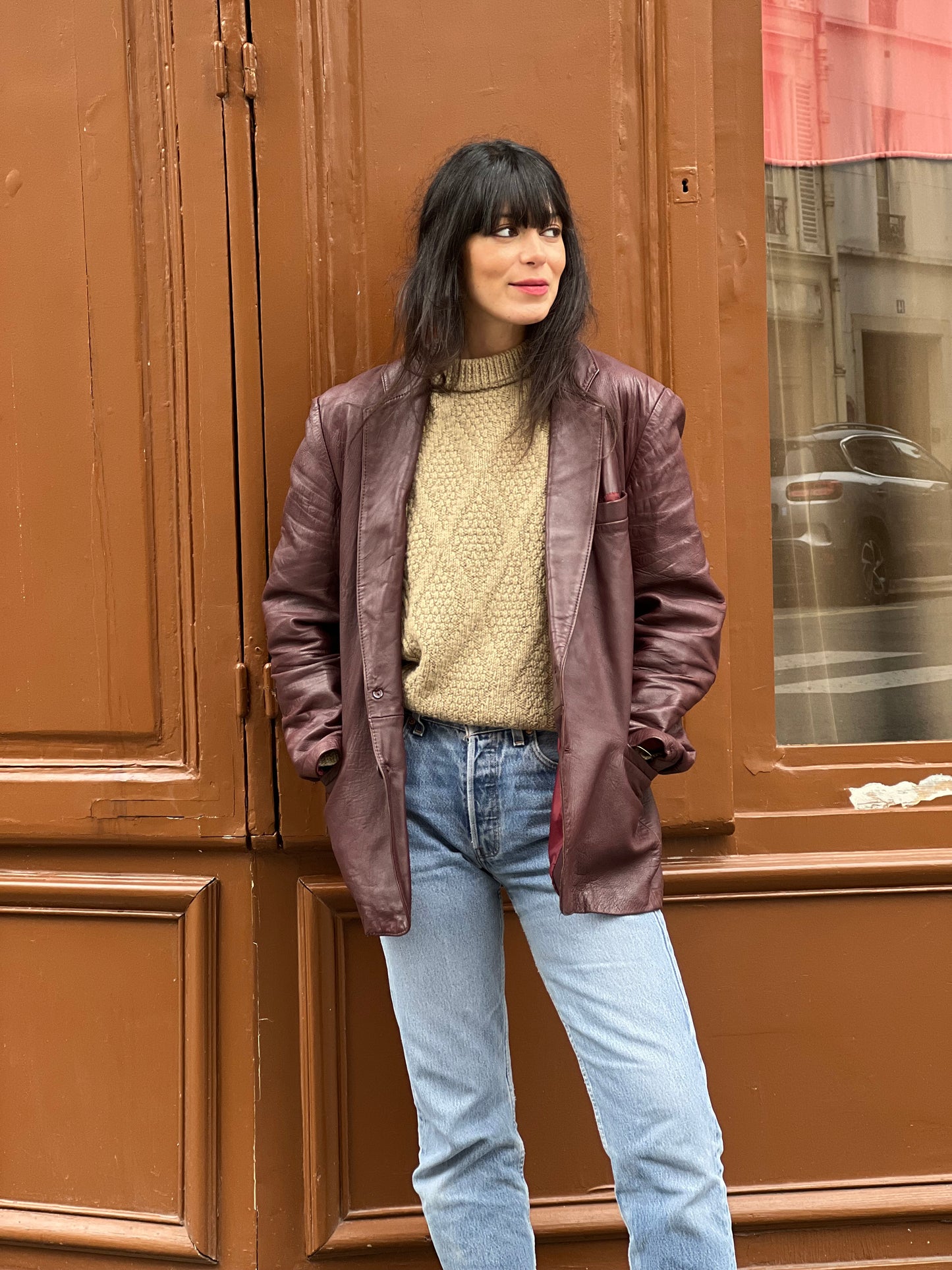 Veste vintage bordeaux en cuir