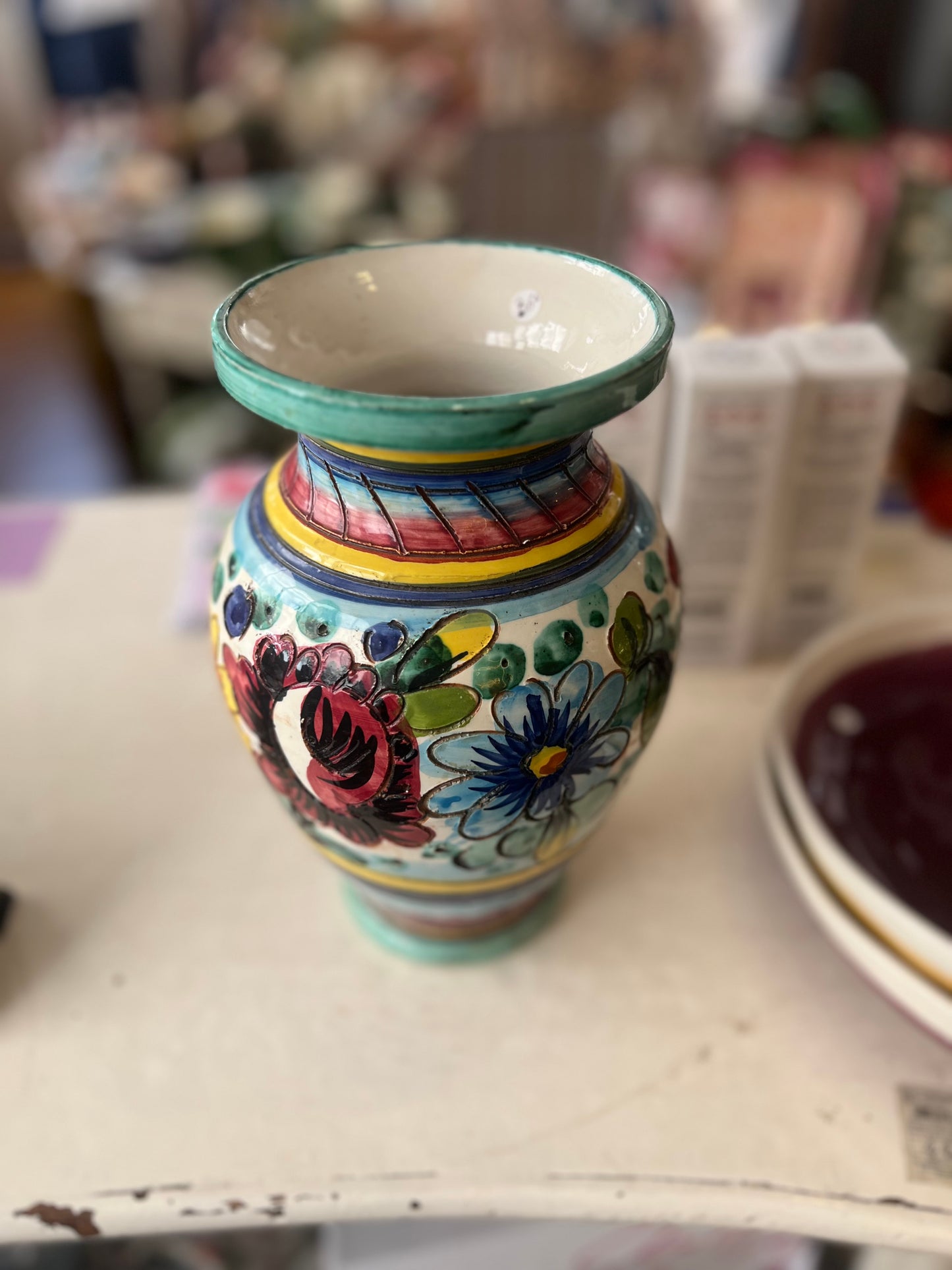 Vase vintage fleurs peint main
