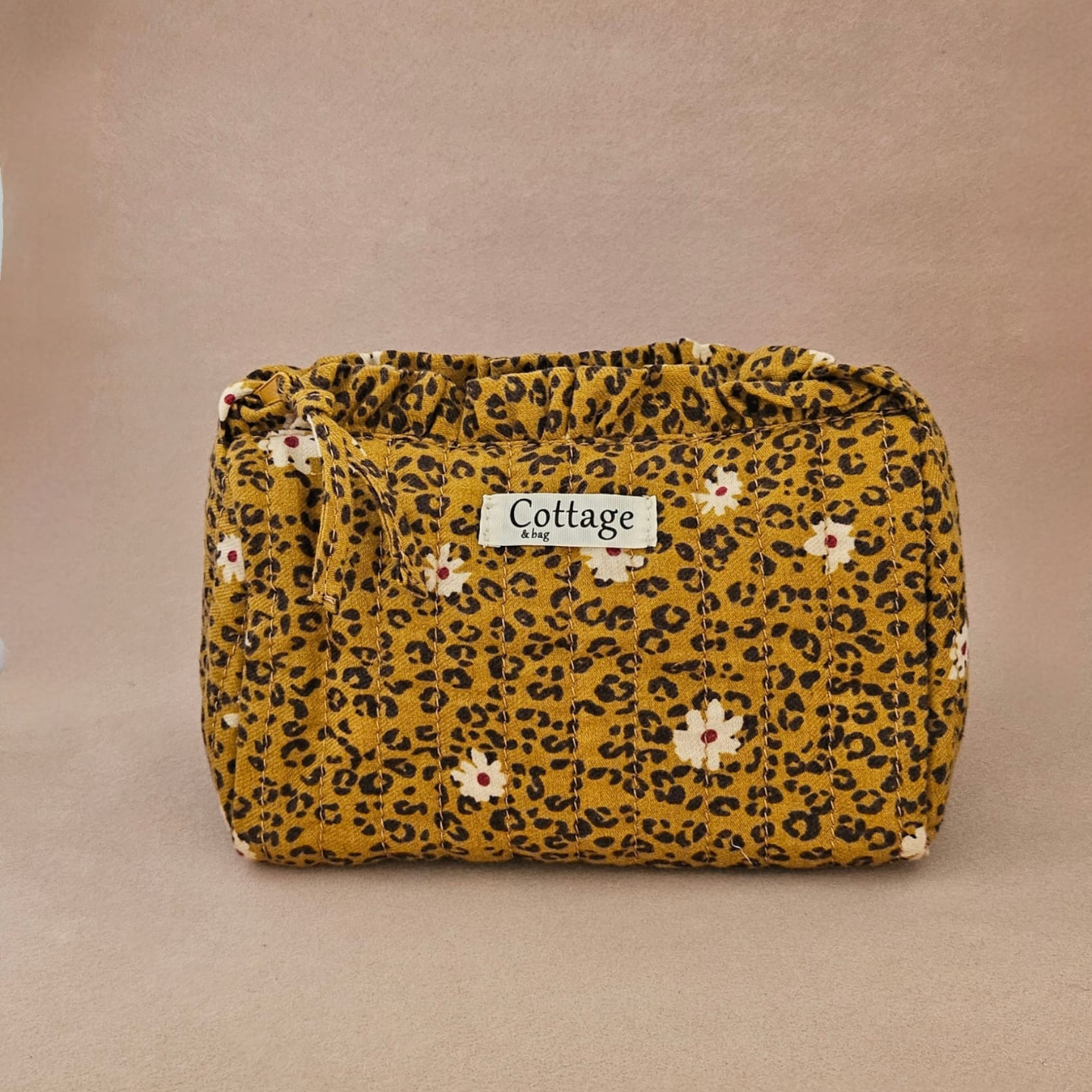 Trousse maquillage froufrou 100 % coton  : Léopard fleuri moutarde
