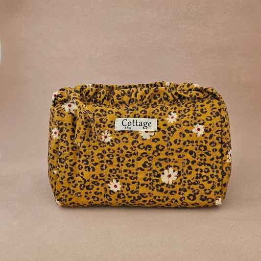Trousse maquillage froufrou 100 % coton  : Léopard fleuri moutarde
