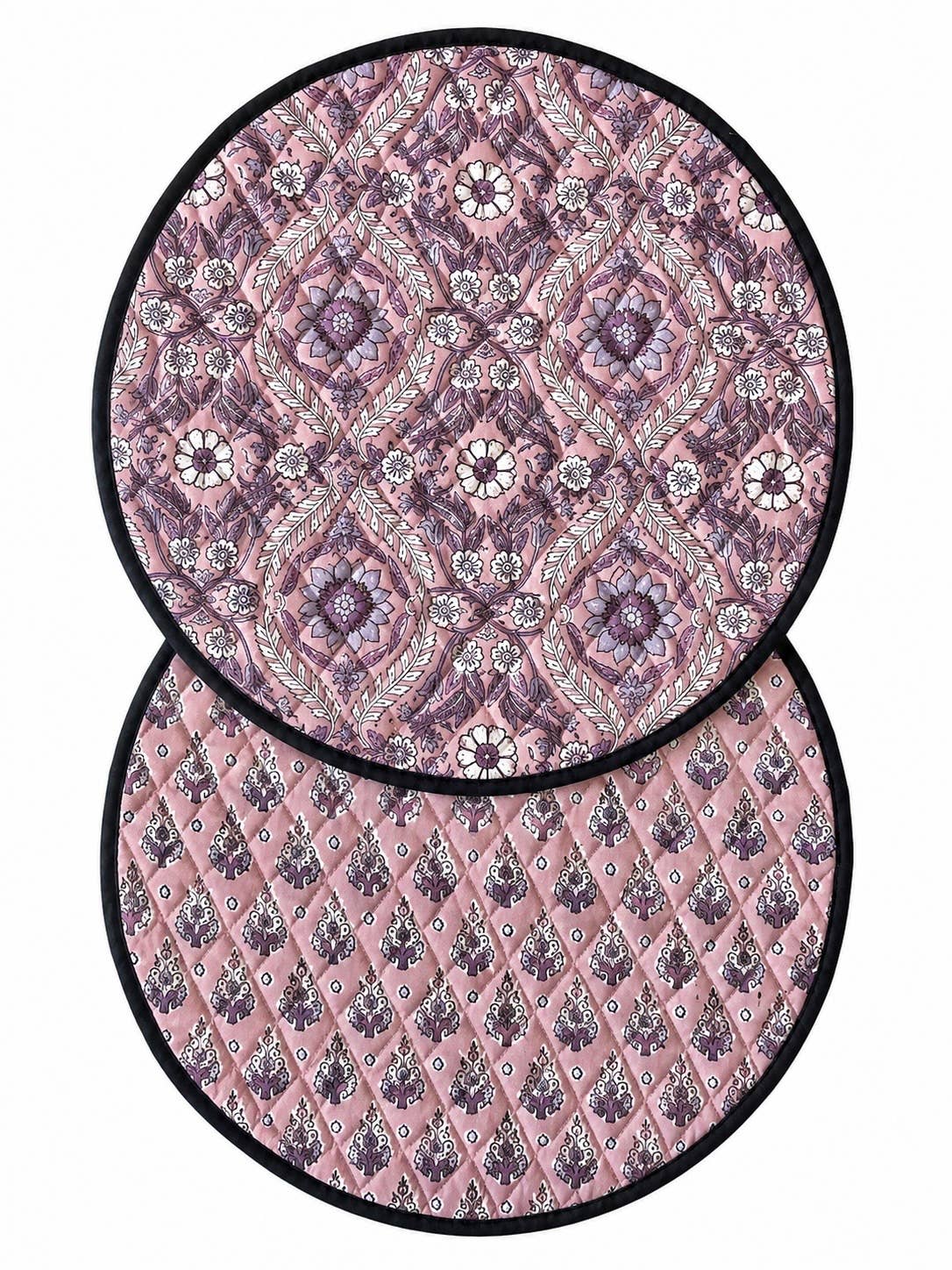 Sets de table ronds reversibles coton matelassé Block Print: Violet