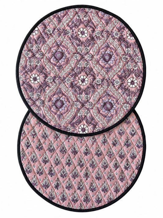 Sets de table ronds reversibles coton matelassé Block Print: Violet