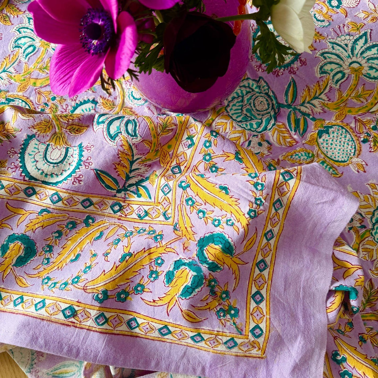 Nappe "Versailles" lilas coton imprimé blockprint 150 x 220