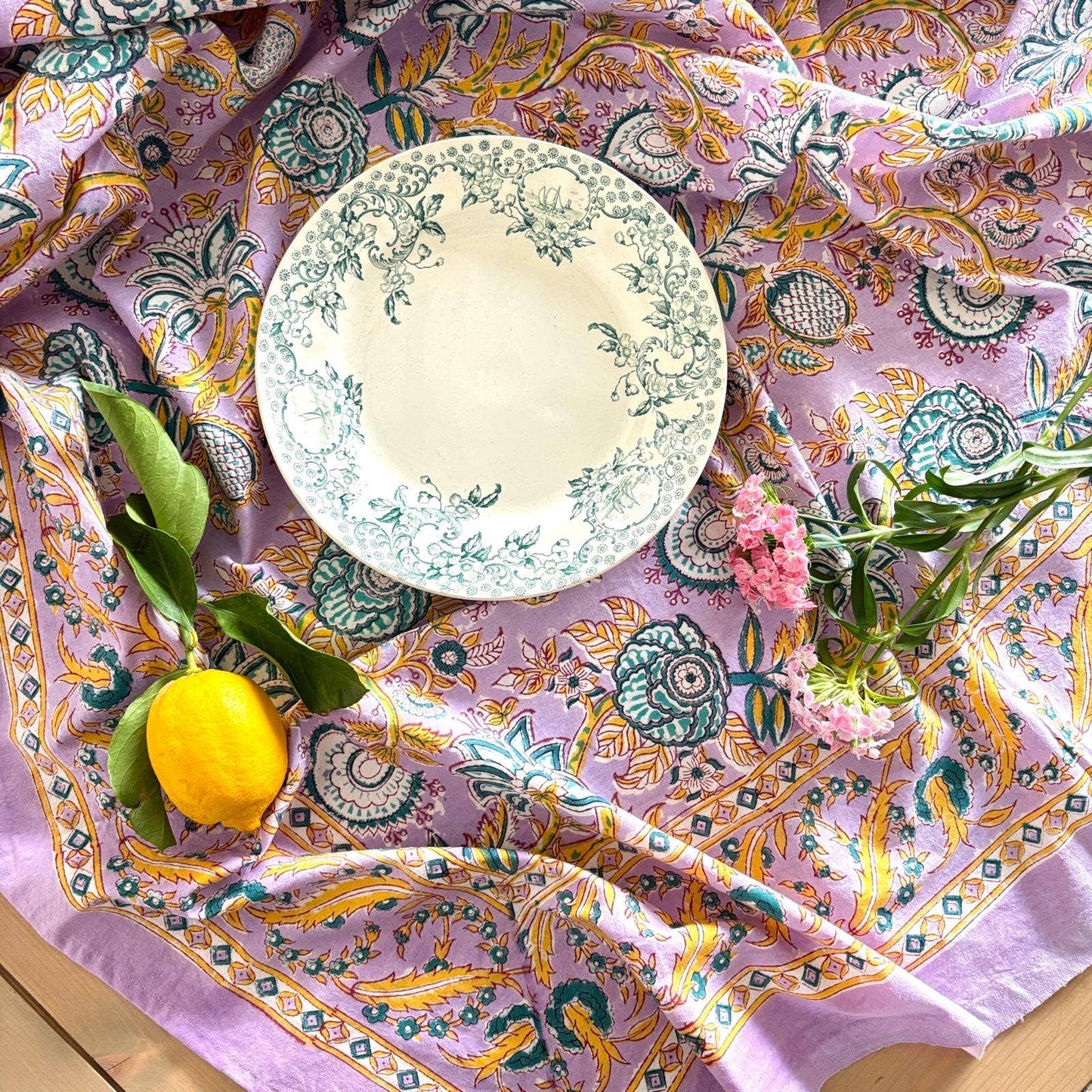 Nappe "Versailles" lilas coton imprimé blockprint 150 x 220
