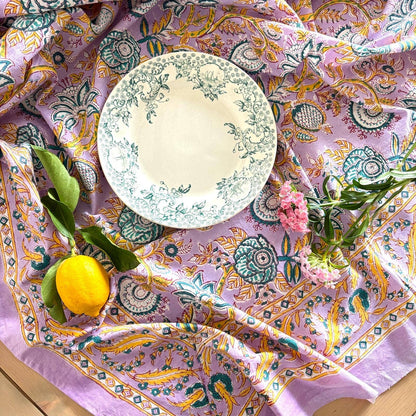 Nappe "Versailles" lilas coton imprimé blockprint 150 x 220