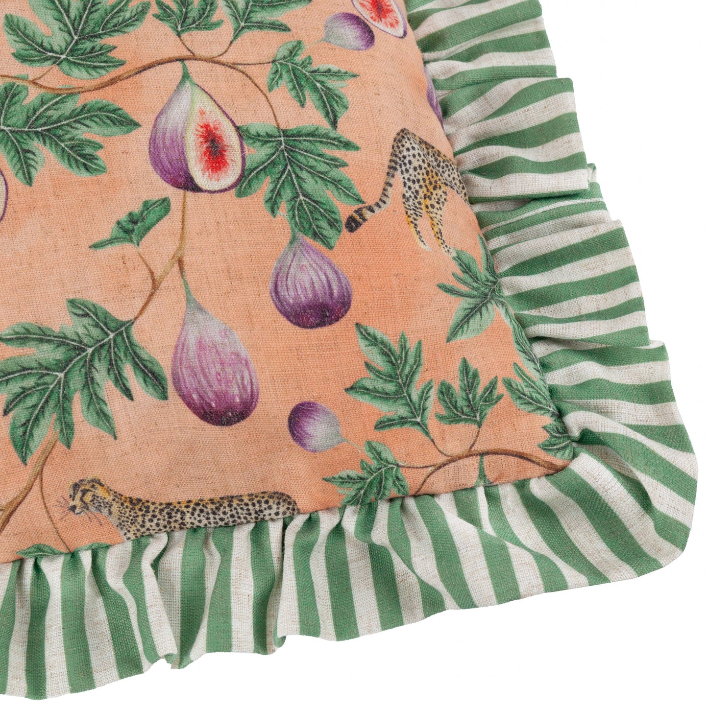 Coussin à volants imprimé léopard Okara et figue pêche/vert: Pèche/Vert / Garni en polyester / 50 x 50 cm