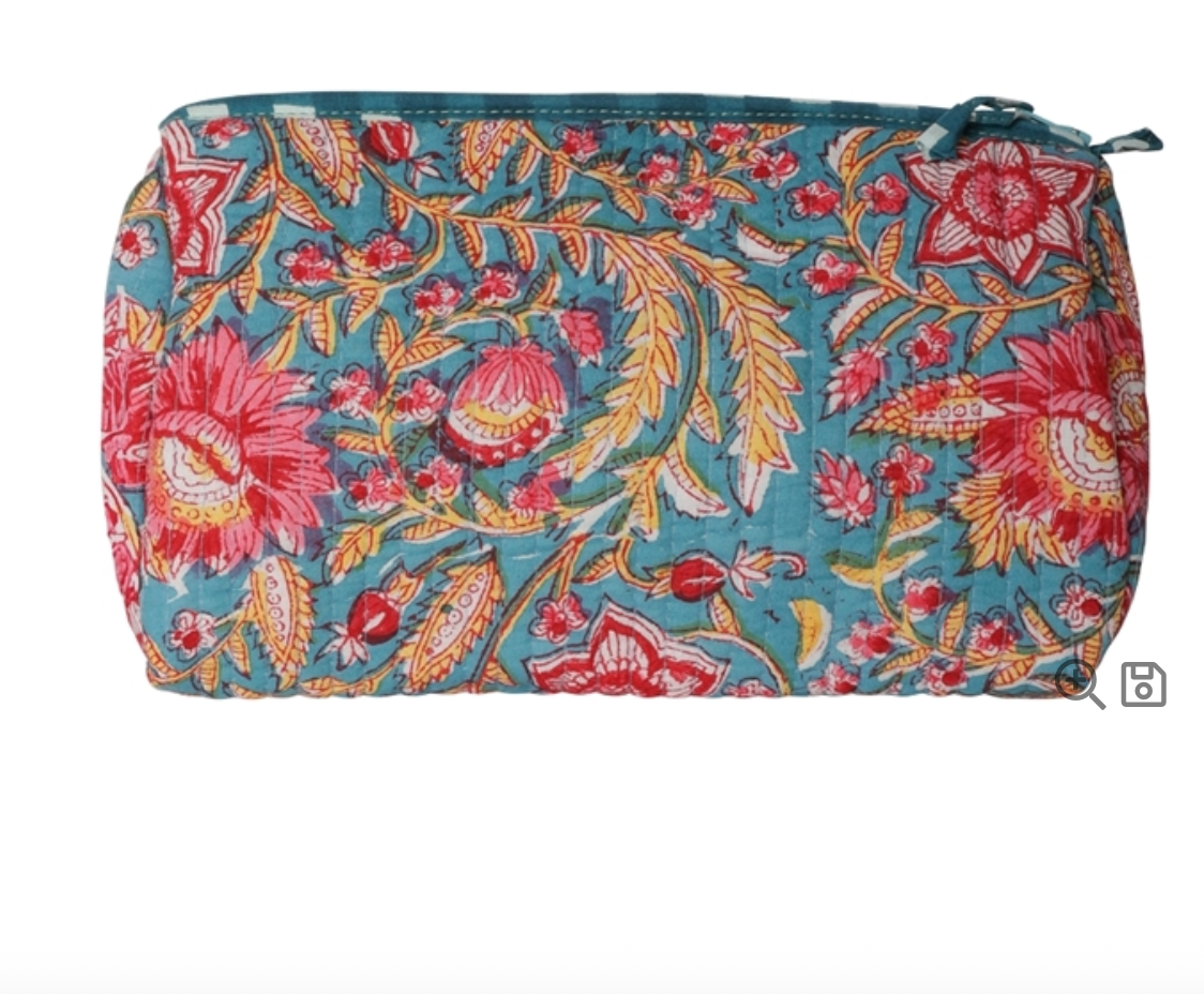 Trousse à maquillage fleurs - bleue 12x20 cm