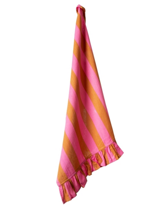 Torchon à froufrous - Rose et Marron rayé