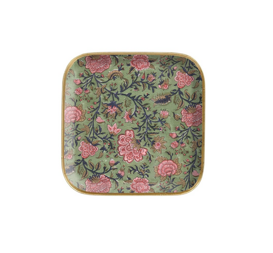 Plateau carré "Chambord" en métal émaillé, bordure dorée - 16x16cm