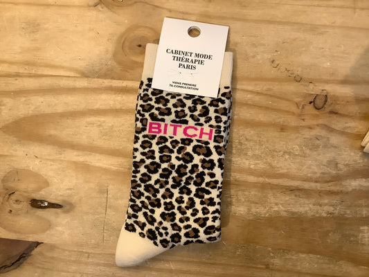 Chaussette Bitch léopard blanc