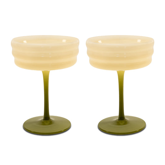 Set de 2 verres à champagne en verre. Blanc et vert.