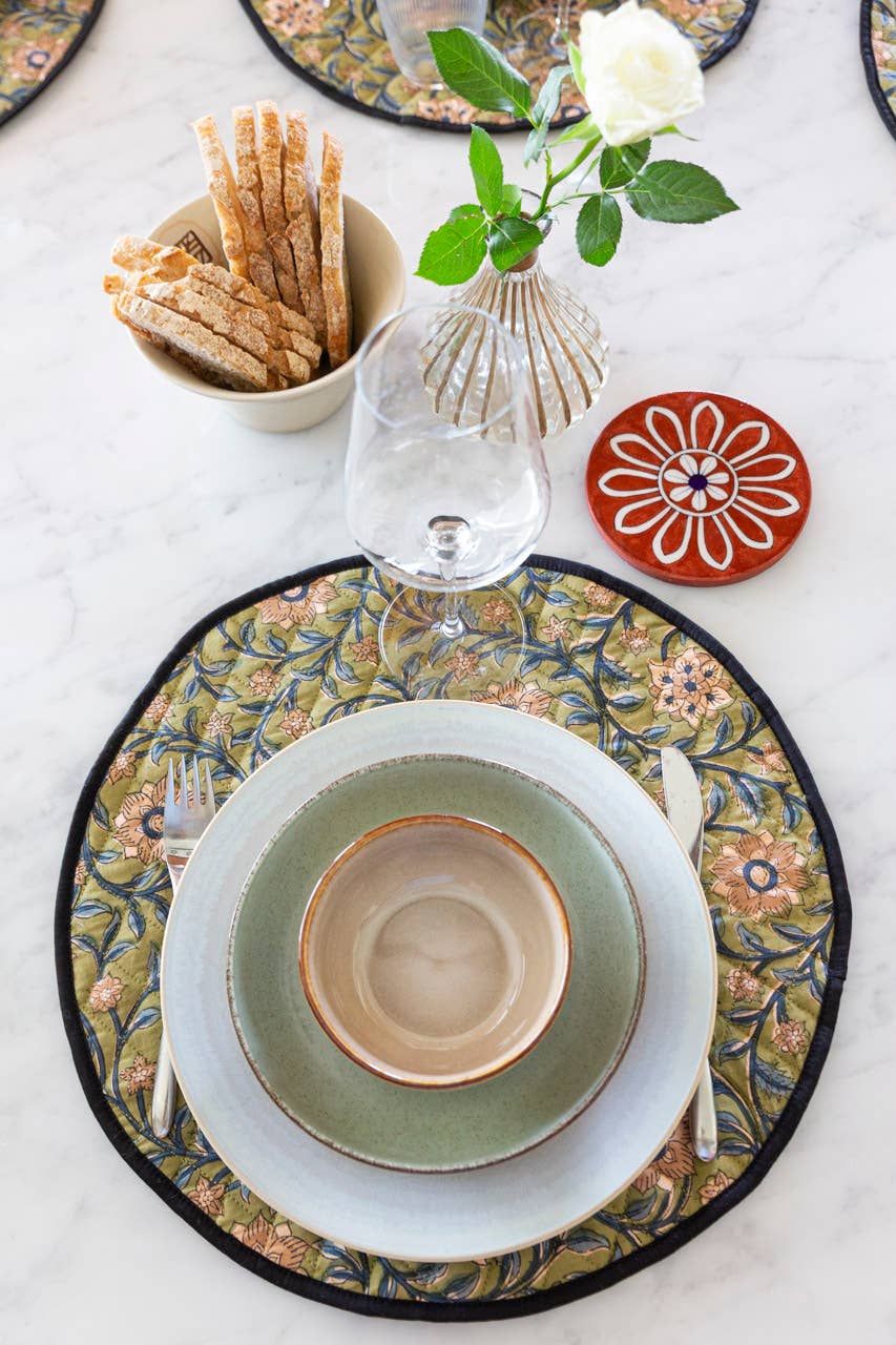 Sets de table ronds reversibles coton matelassé Block Print: Vert