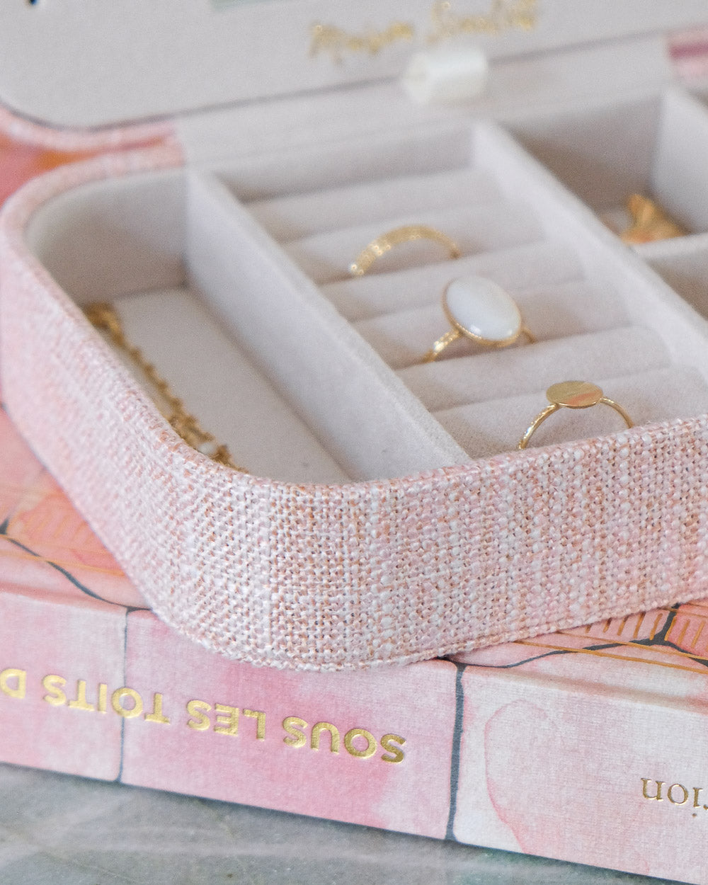 Boîte à bijoux de voyage Brigitte effet lin - rose