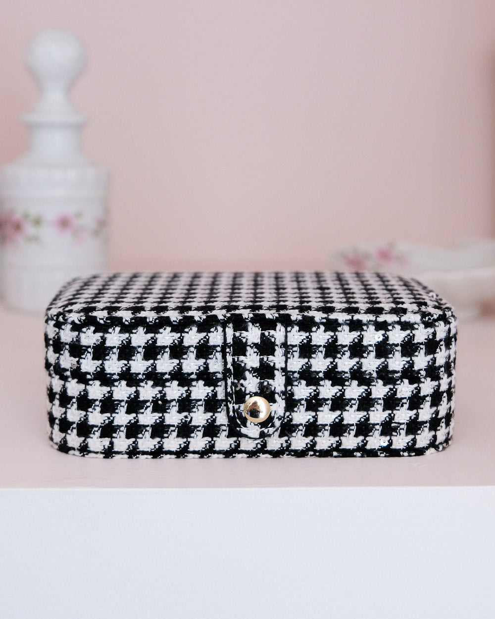 Boîte à bijoux de voyage Brigitte effet lin - pied de poule noir