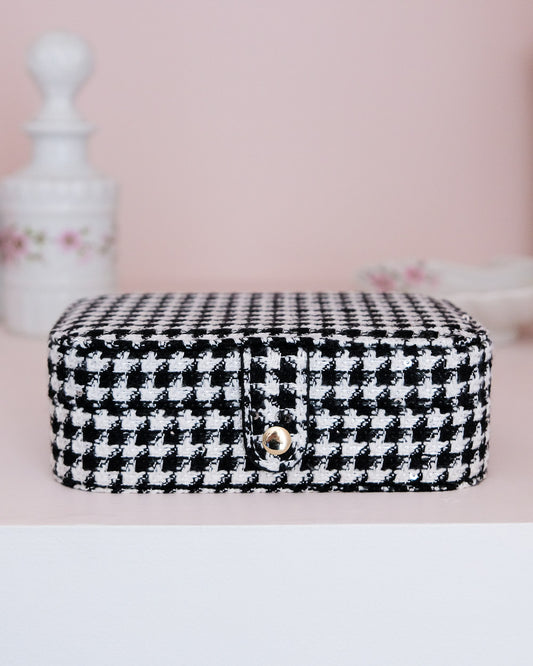 Boîte à bijoux de voyage Brigitte effet lin - pied de poule noir