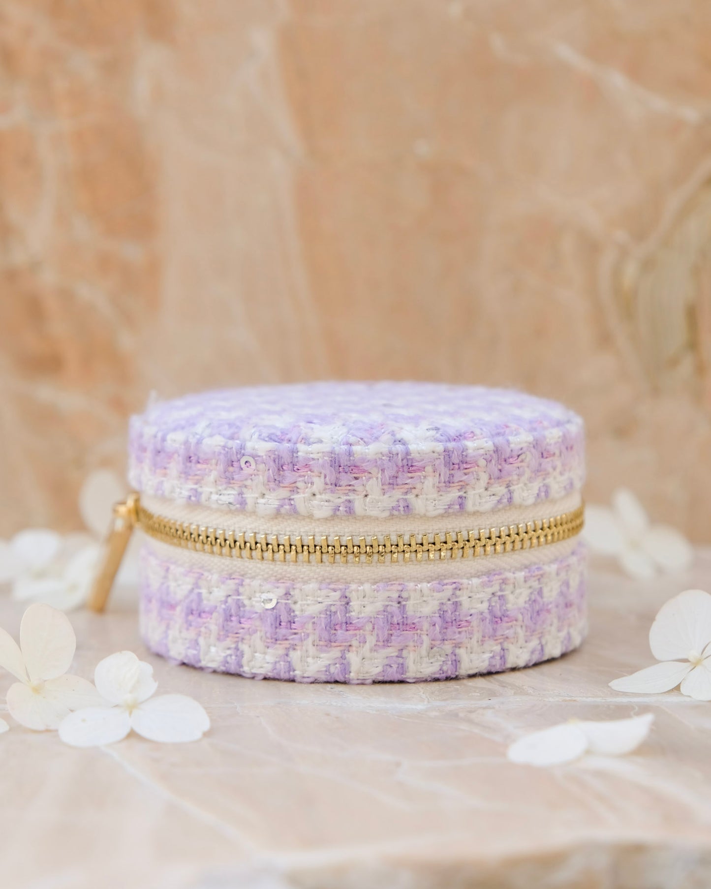 Boîte à bijoux de voyage Yvonne en moumoute - pied de poule mauve