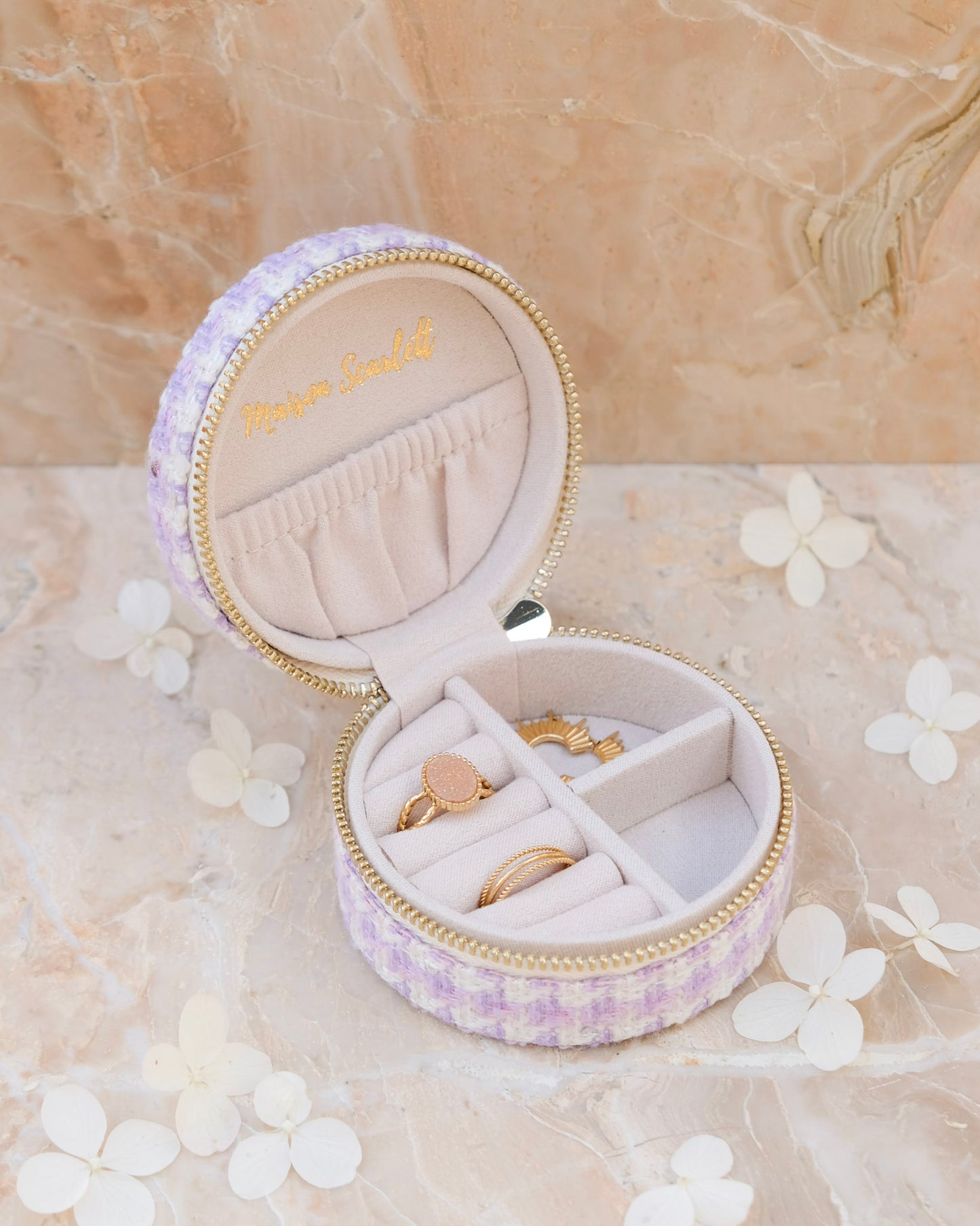 Boîte à bijoux de voyage Yvonne en moumoute - pied de poule mauve